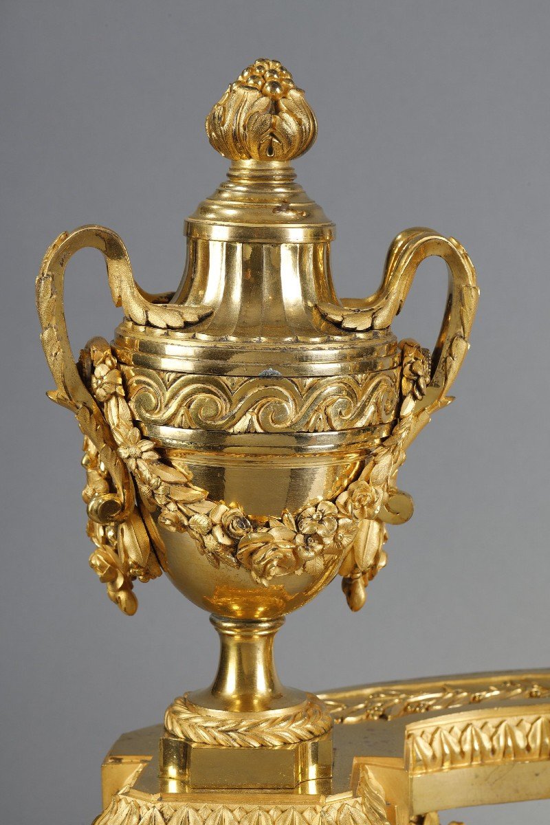 Pair Of Louis XVI Period Andirons In Gilded Bronze-photo-2
