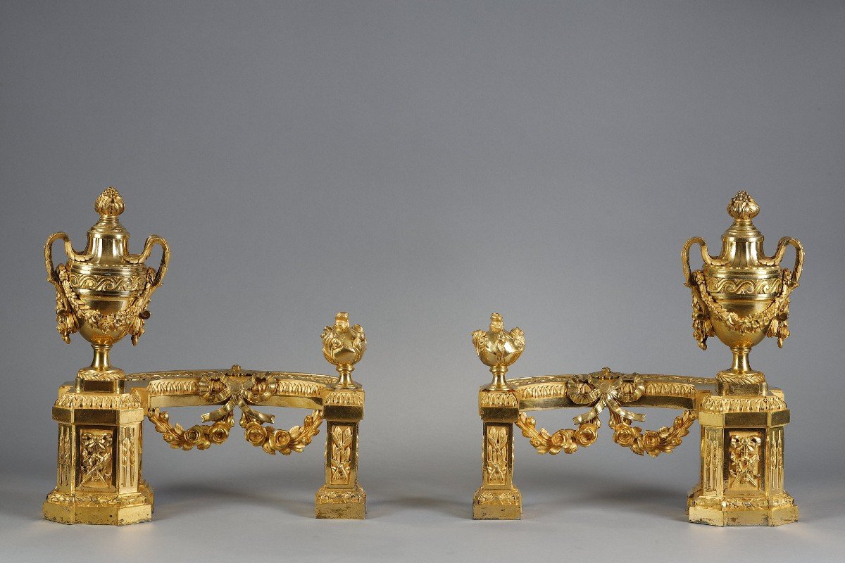 Pair Of Louis XVI Period Andirons In Gilded Bronze-photo-2