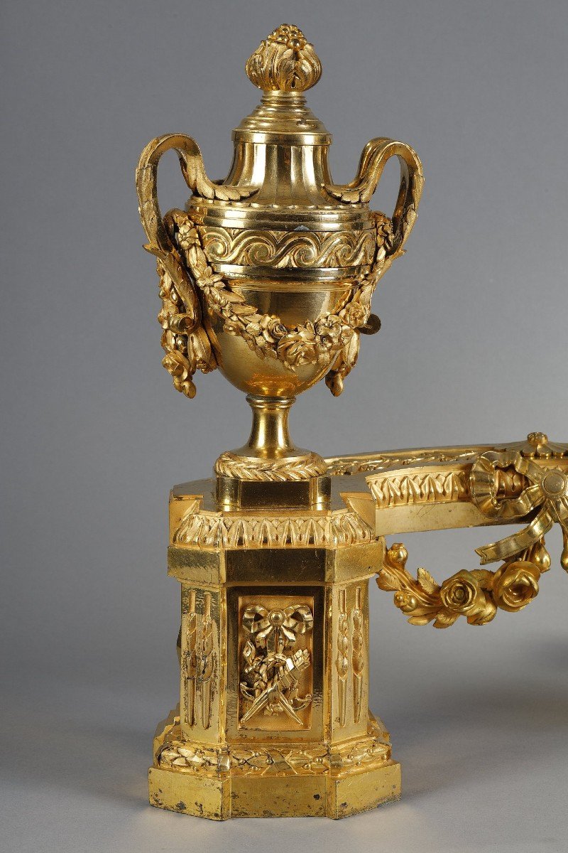 Pair Of Louis XVI Period Andirons In Gilded Bronze-photo-3