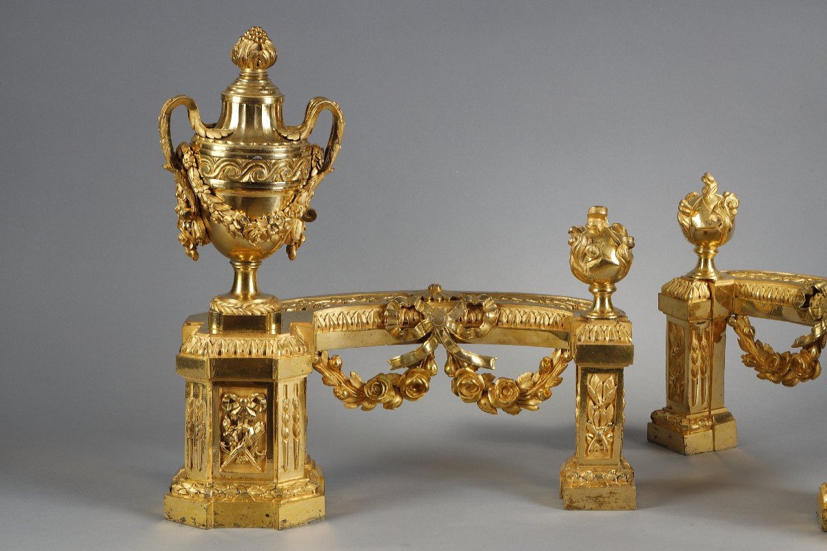 Pair Of Louis XVI Period Andirons In Gilded Bronze-photo-4