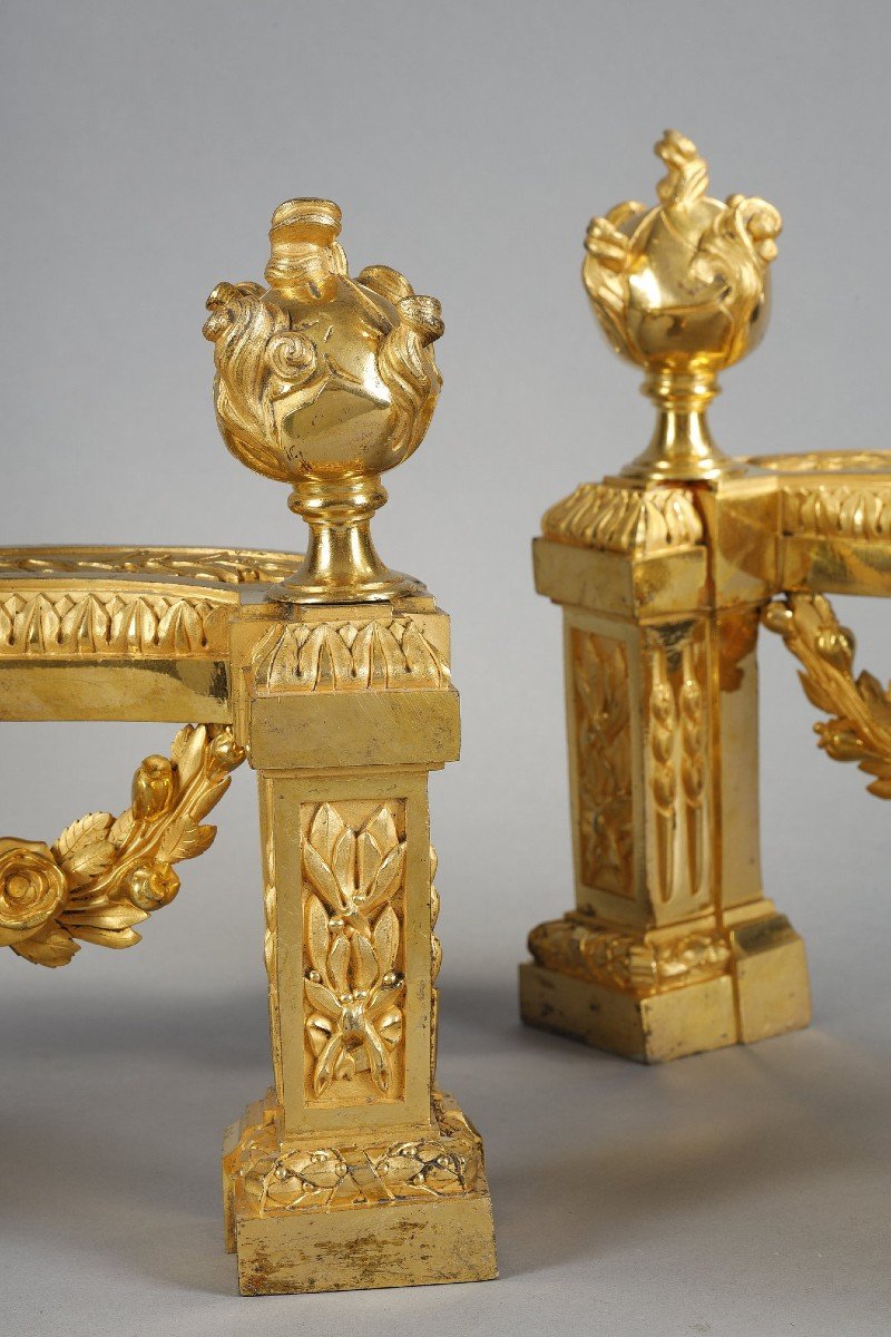 Pair Of Louis XVI Period Andirons In Gilded Bronze-photo-5