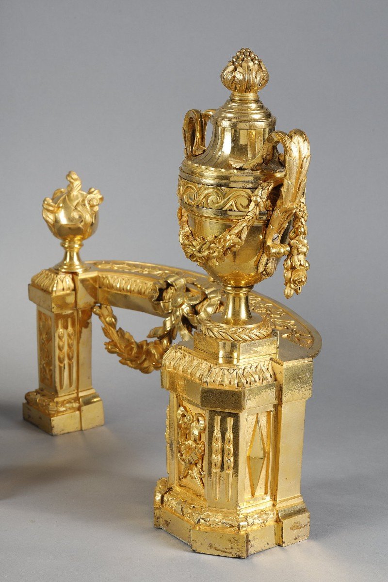 Pair Of Louis XVI Period Andirons In Gilded Bronze-photo-6