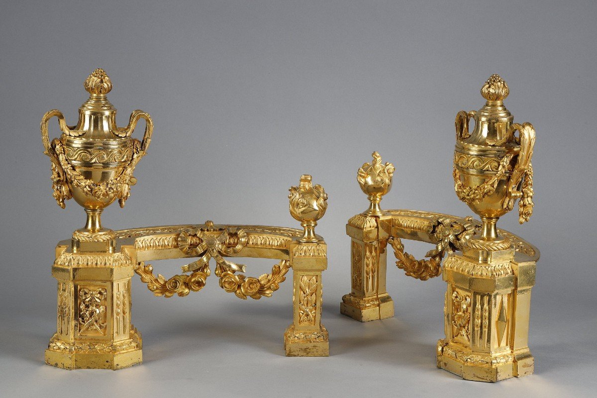 Pair Of Louis XVI Period Andirons In Gilded Bronze