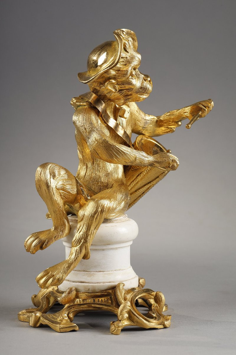 Pair Of Gilded Bronze Statuettes Representing Musical Monkeys-photo-4
