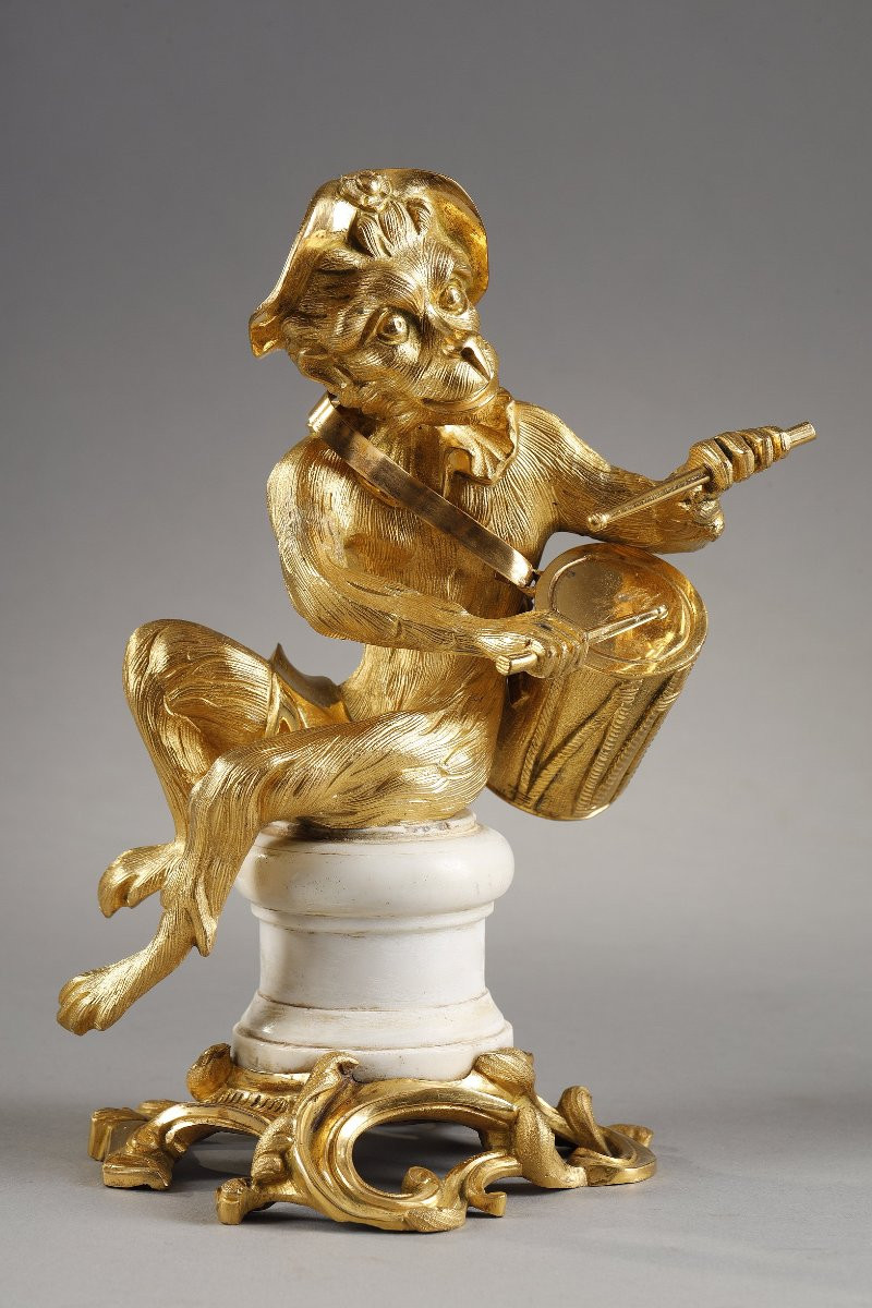 Pair Of Gilded Bronze Statuettes Representing Musical Monkeys-photo-1