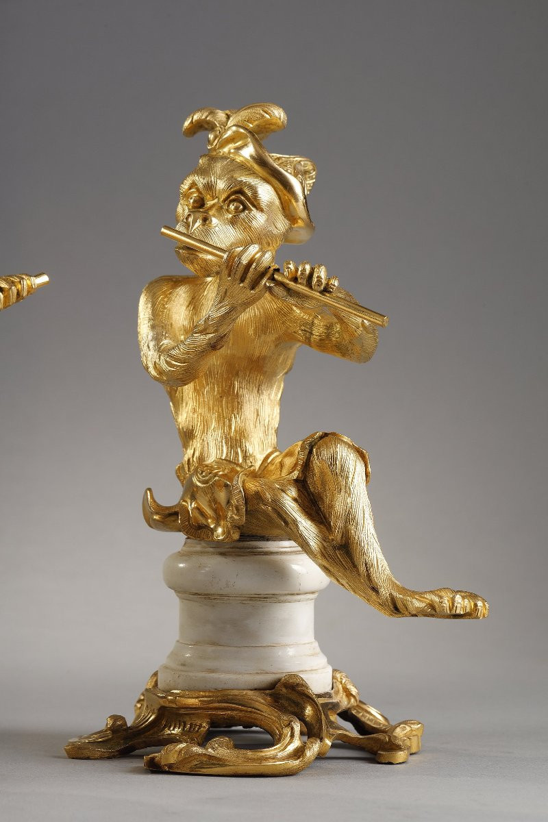 Pair Of Gilded Bronze Statuettes Representing Musical Monkeys-photo-2