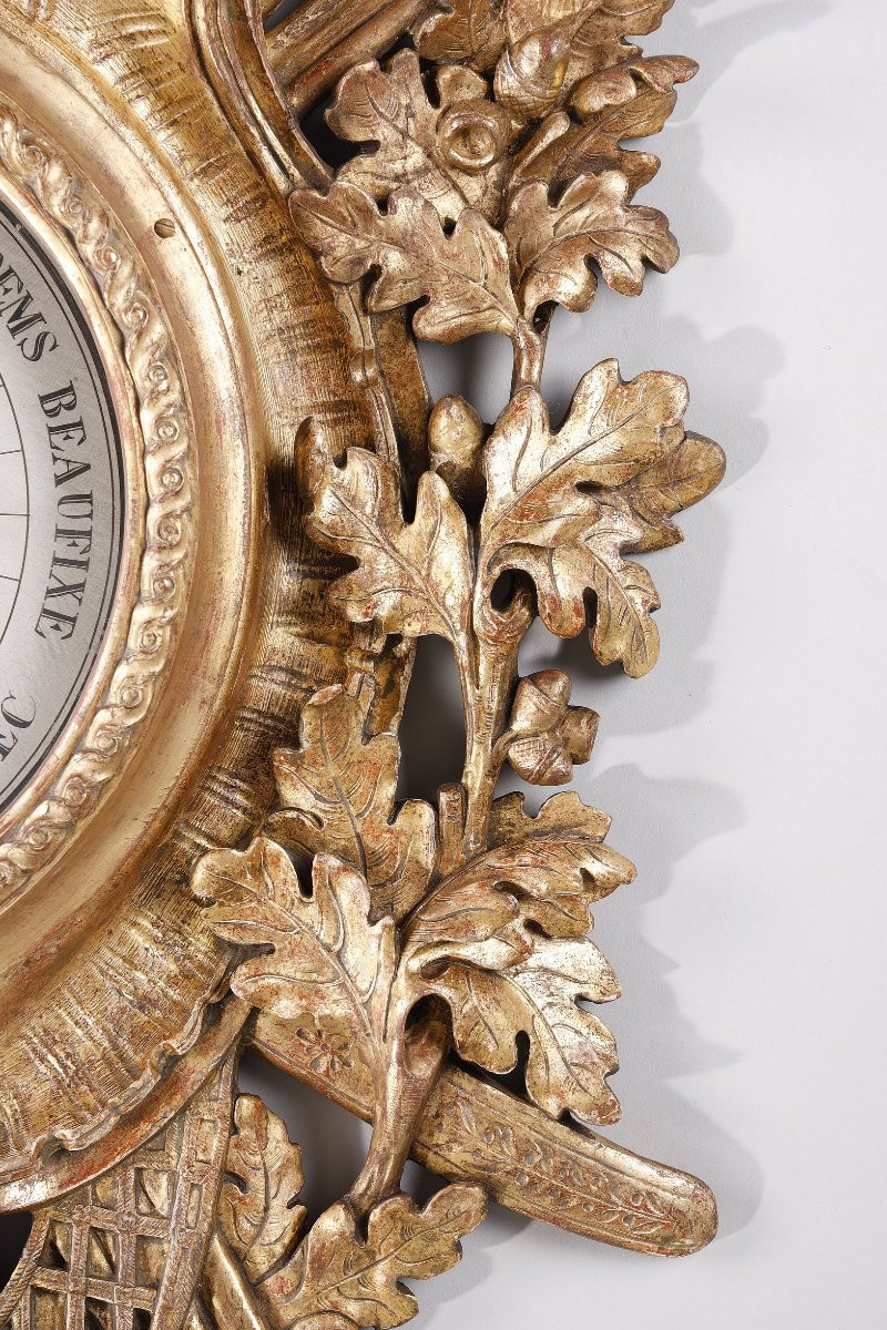 Grand Baromètre En Bois Doré Aux Attributs De La Chasse,  époque Louis XVI-photo-6