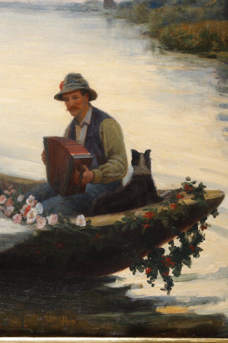 Country Wedding On The Pond, Large Oil On Canvas By Henry Léon Jacquet-photo-2