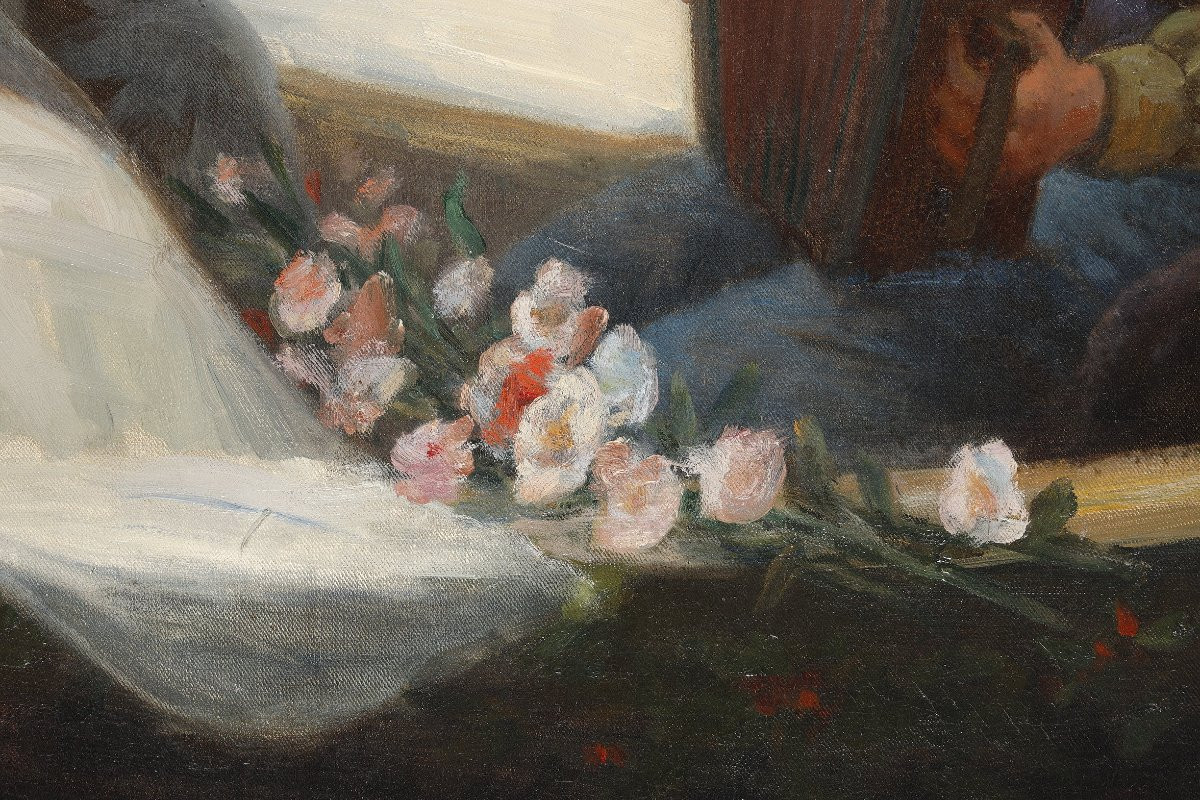 Country Wedding On The Pond, Large Oil On Canvas By Henry Léon Jacquet-photo-4