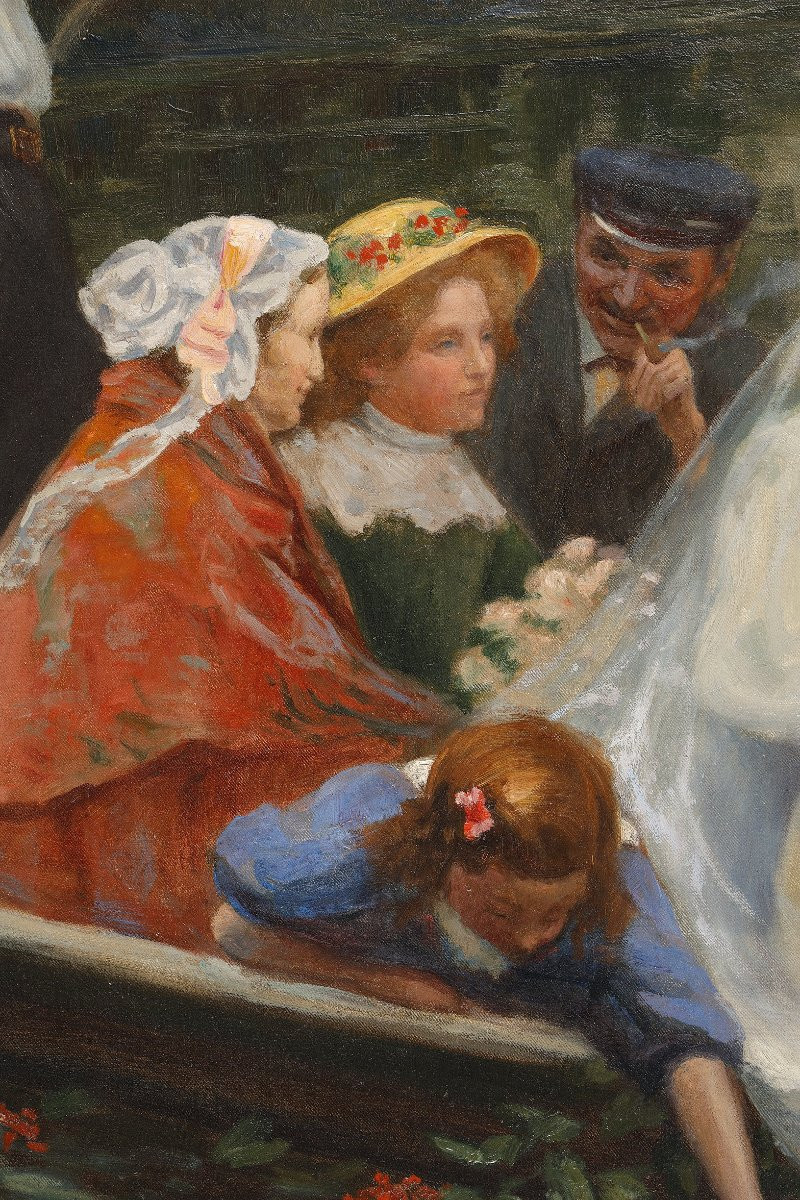 Country Wedding On The Pond, Large Oil On Canvas By Henry Léon Jacquet-photo-8