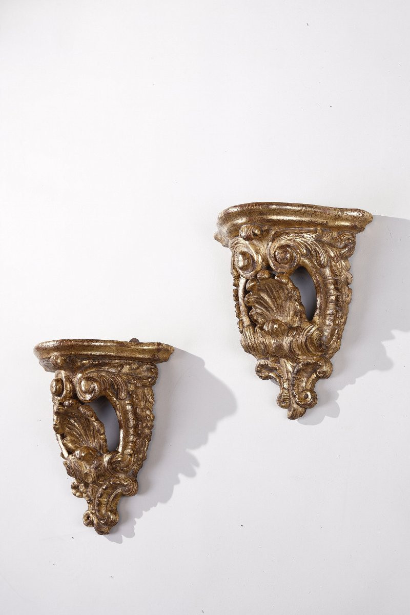 Pair Of Small Gilded Wood Wall Consoles-photo-5