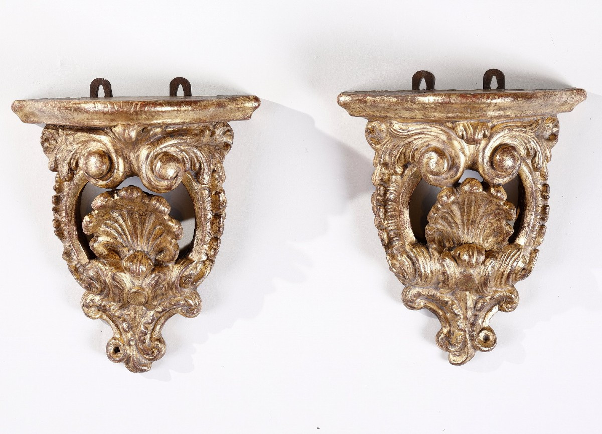 Pair Of Small Gilded Wood Wall Consoles