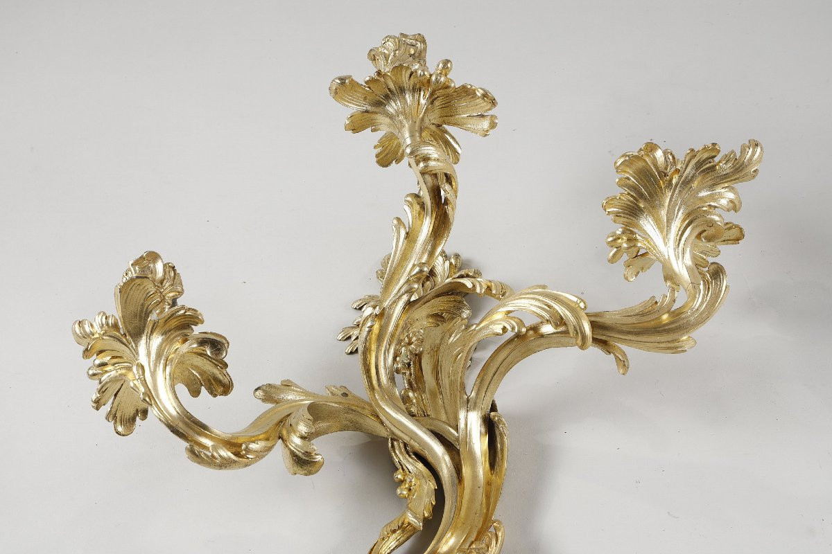 Rare Set Of Four Large Gilt Bronze Wall Lights From The Louis XV Period-photo-7