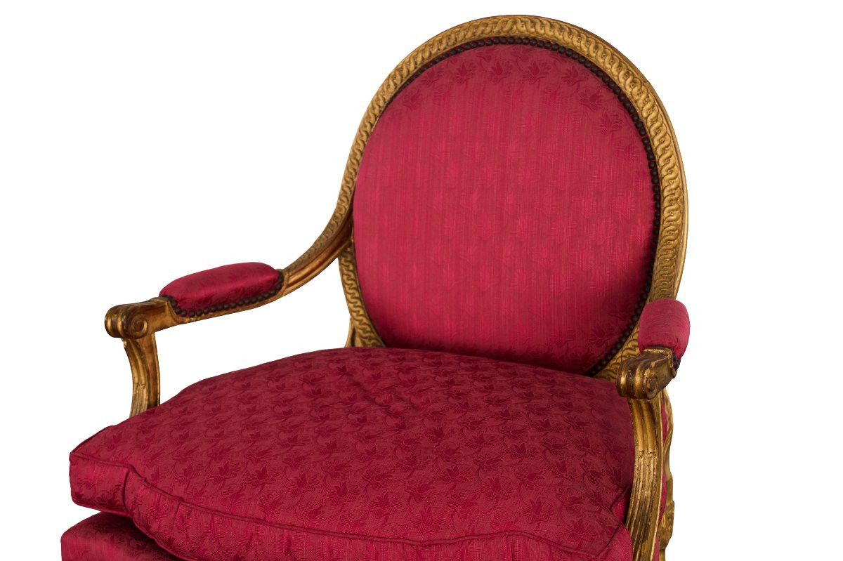 Salon Louis XVI en bois doré, canapé et six fauteuils à la Reine-photo-2