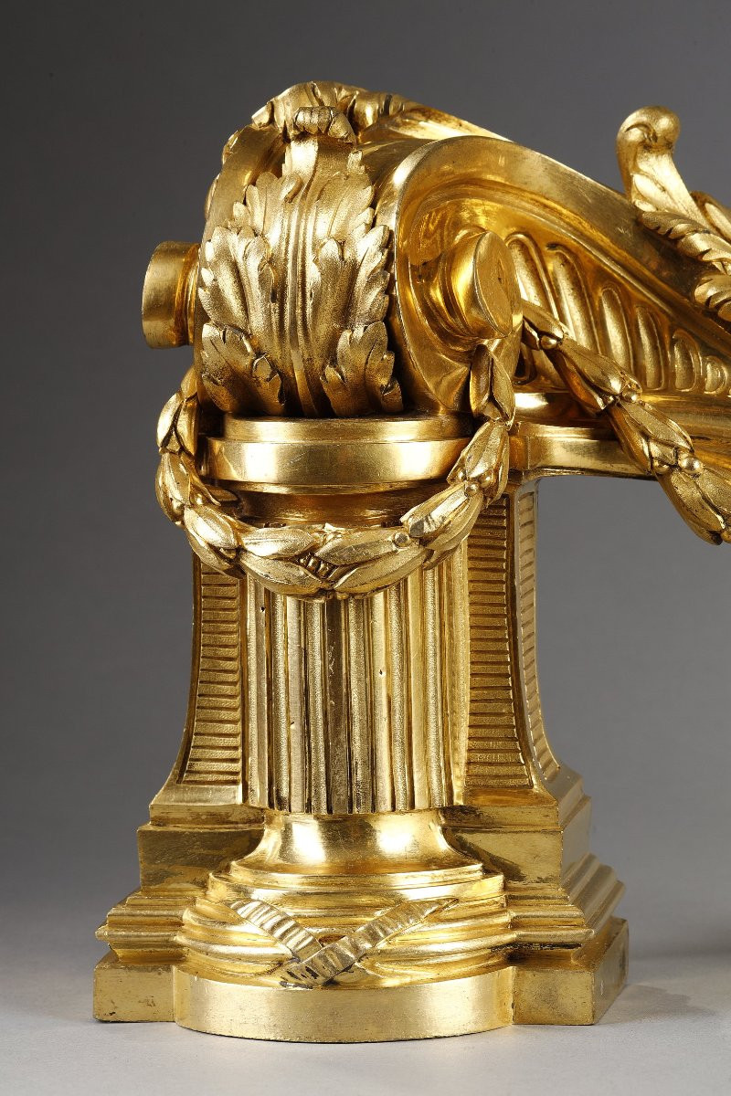  Pair Of Louis XVI Period Andirons In Gilt Bronze-photo-2