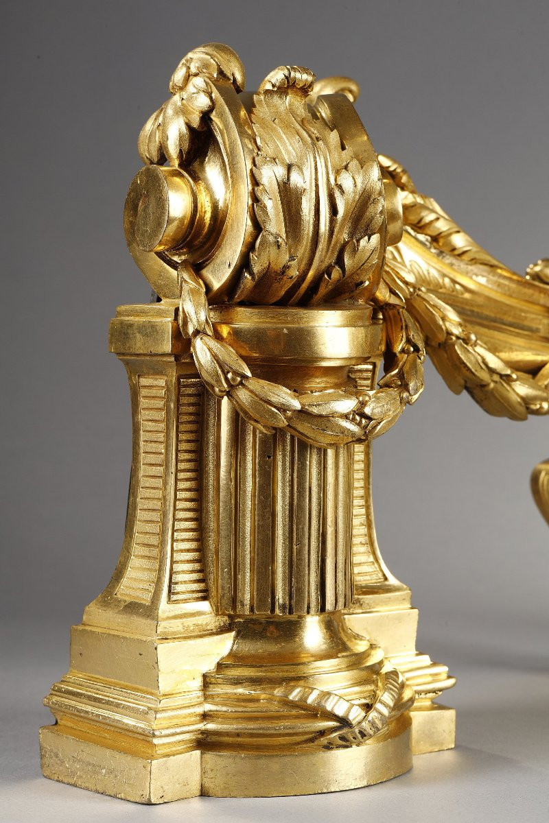  Pair Of Louis XVI Period Andirons In Gilt Bronze-photo-4