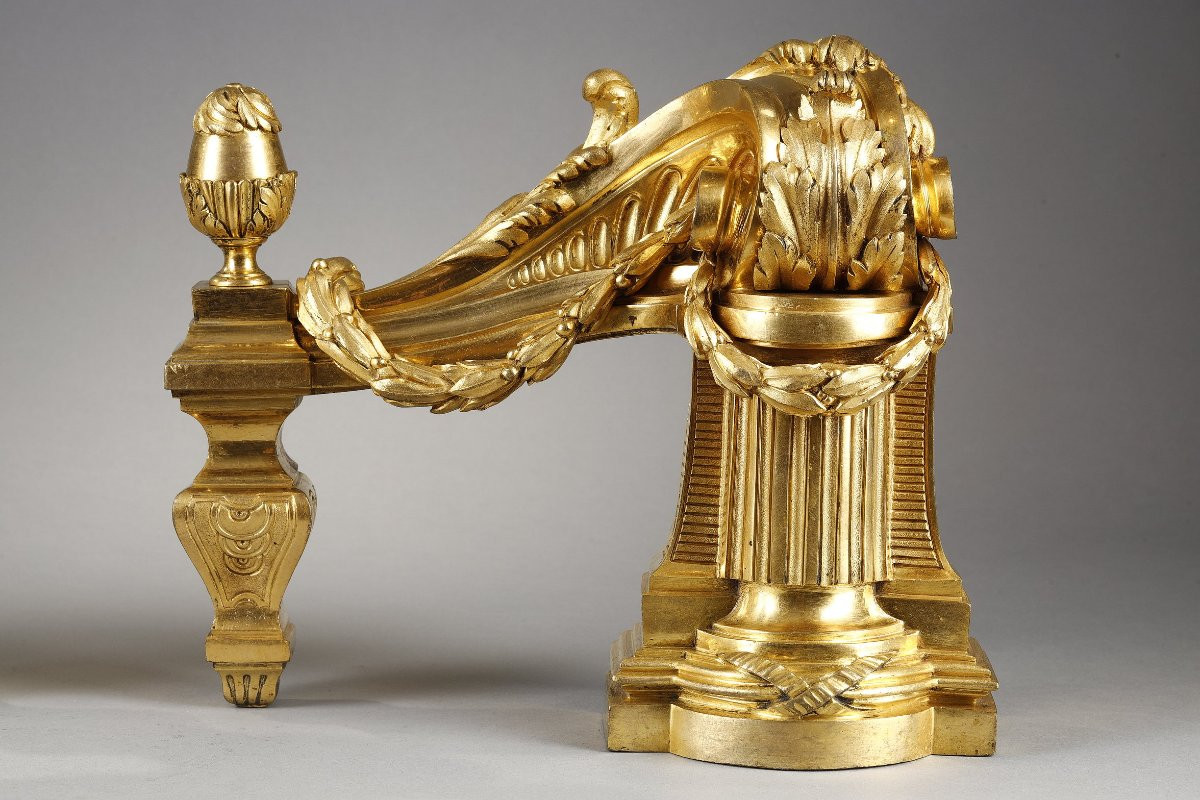  Pair Of Louis XVI Period Andirons In Gilt Bronze-photo-7