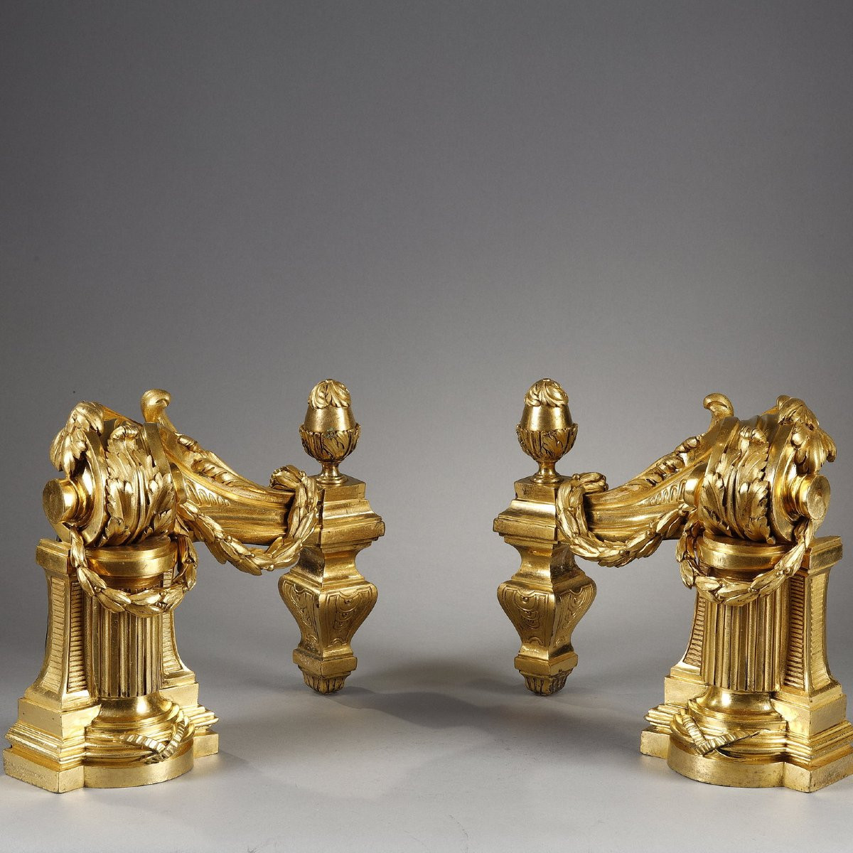  Pair Of Louis XVI Period Andirons In Gilt Bronze-photo-8