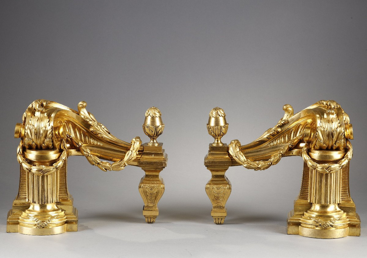  Pair Of Louis XVI Period Andirons In Gilt Bronze