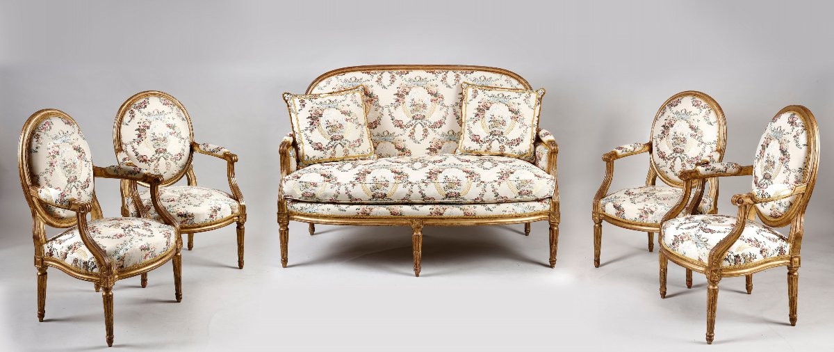 Salon d'époque Louis XVI en bois doré, attribué à Jean-Baptiste Sené-photo-2