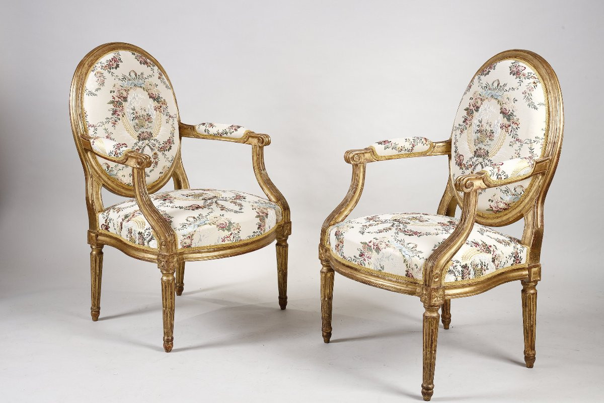 Salon d'époque Louis XVI en bois doré, attribué à Jean-Baptiste Sené-photo-3