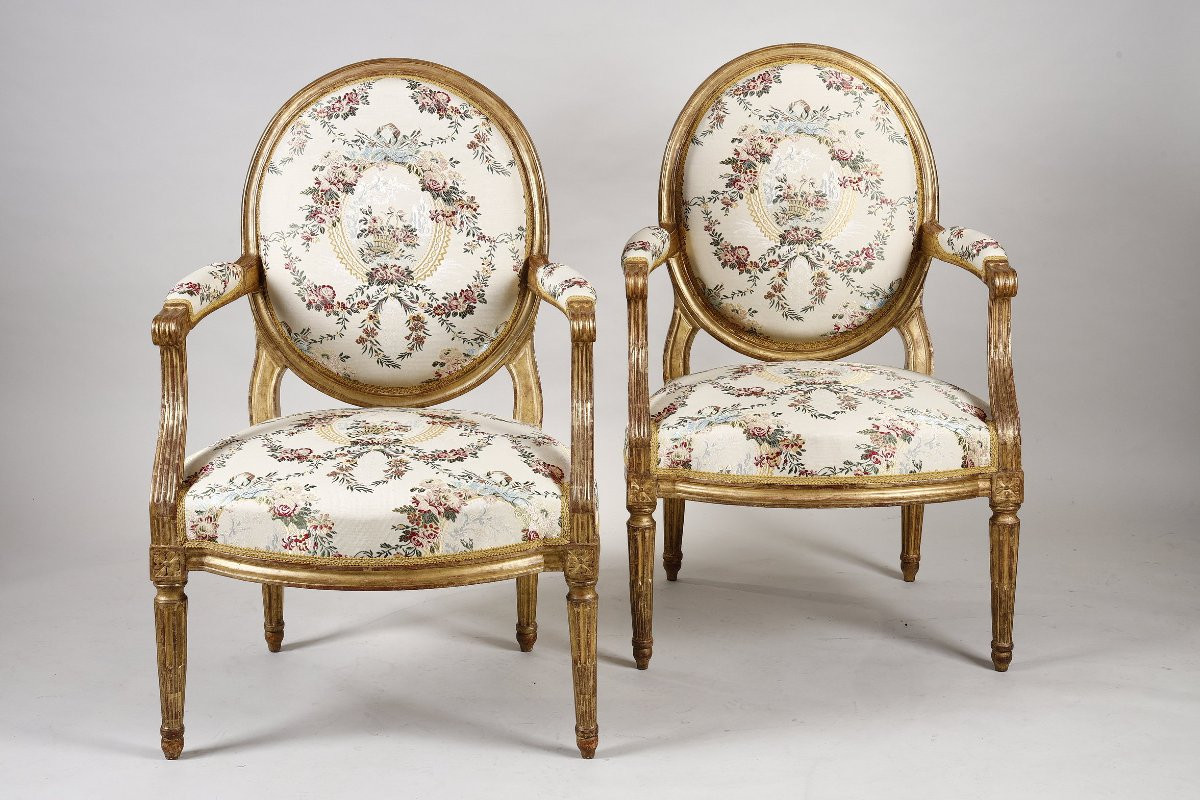 Salon d'époque Louis XVI en bois doré, attribué à Jean-Baptiste Sené-photo-4
