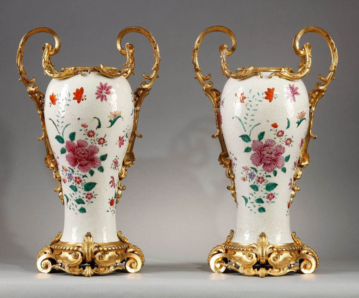 Pair Of Large 18th-century East India Company Vases, In "famille Rose" Porcelain