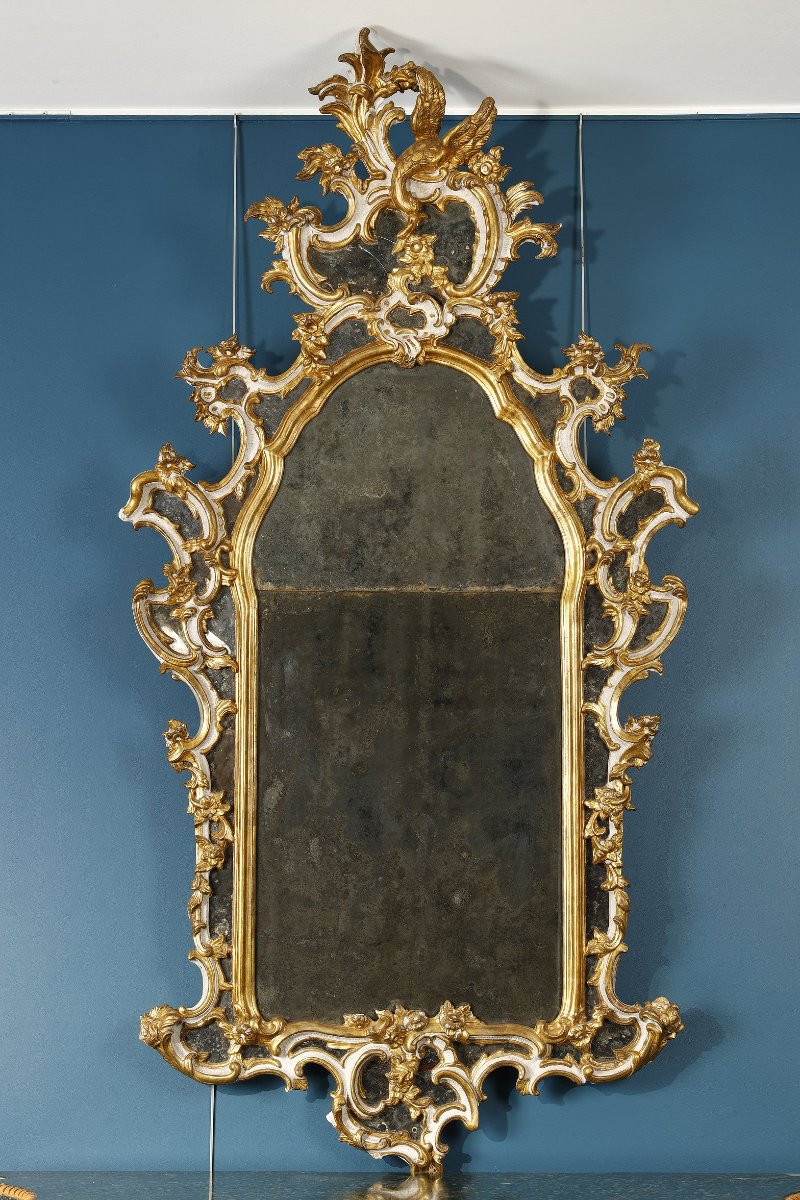 Paire de grands miroirs italiens,  à parecloses en bois doré, Du XVIIIᵉ siècle-photo-7