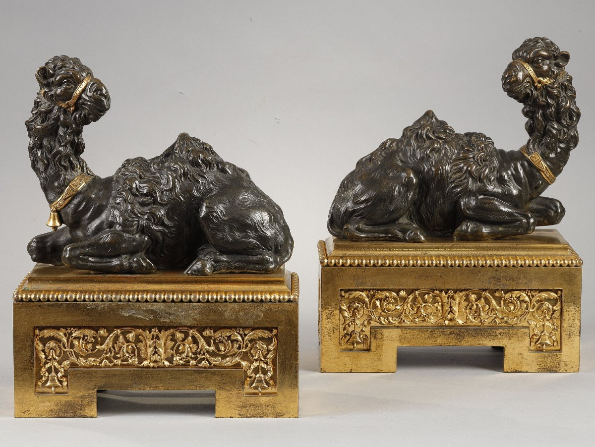 Pair Of Big Andirons With Dromedaries By Pierre Gouthiere Louis XVI Period