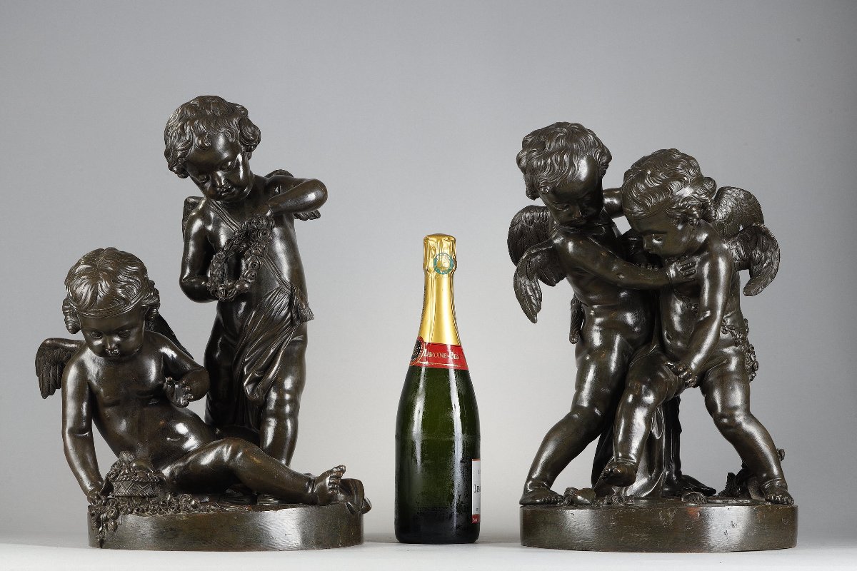 Paire de groupe de Putti en bronze fin XVIIIe-photo-3