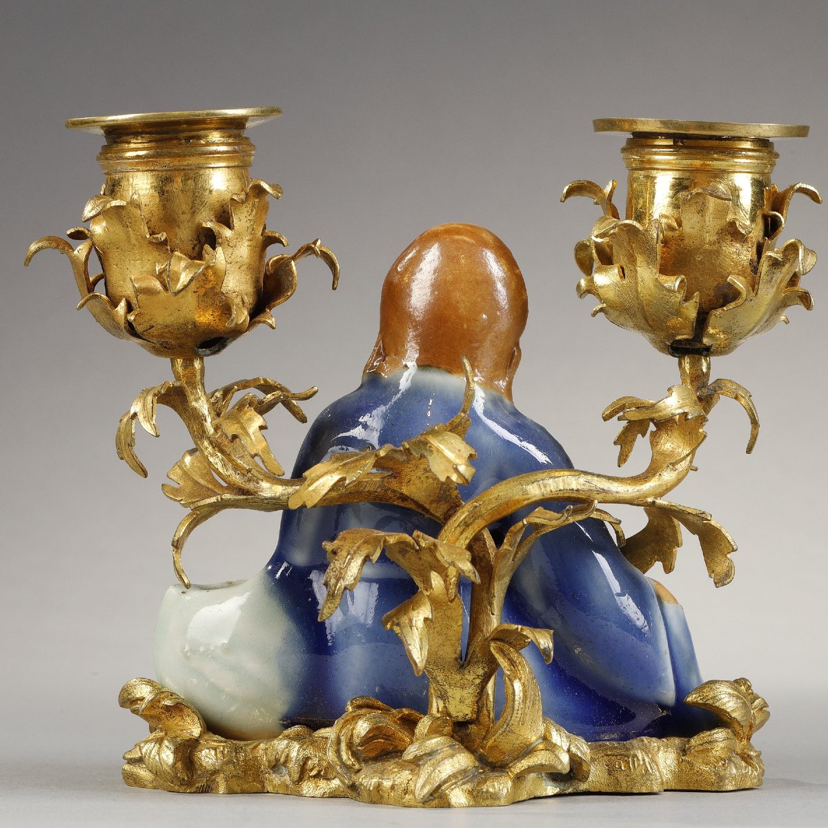 Small Louis XV-period "chinois" Candlestick In Chinese Porcelain And Gilt B-photo-5