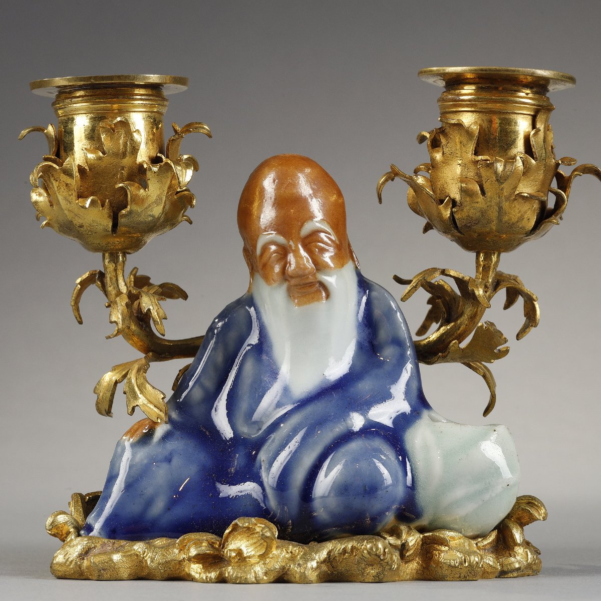 Small Louis XV-period "chinois" Candlestick In Chinese Porcelain And Gilt B-photo-6