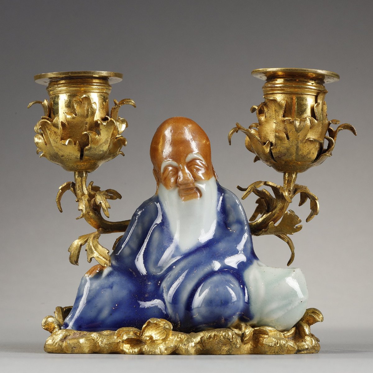 Small Louis XV-period "chinois" Candlestick In Chinese Porcelain And Gilt B