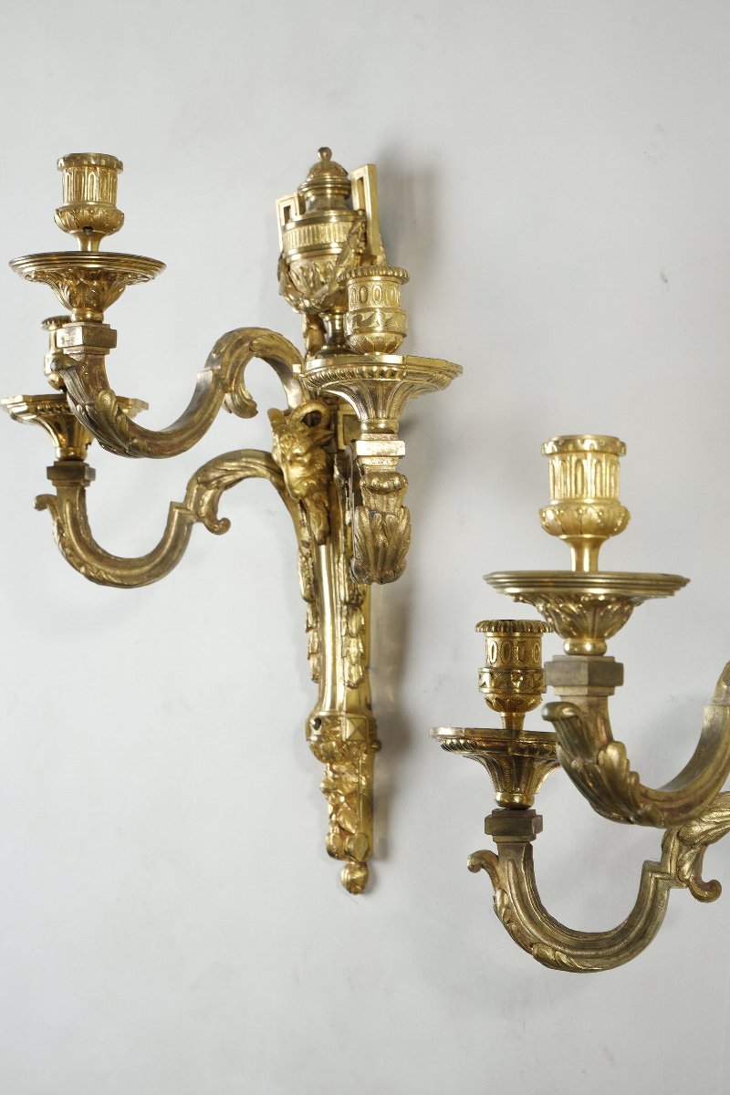 Important Pair Of Louis XVI Gilt-bronze Wall Lights Featuring Fine Ram's Heads-photo-7