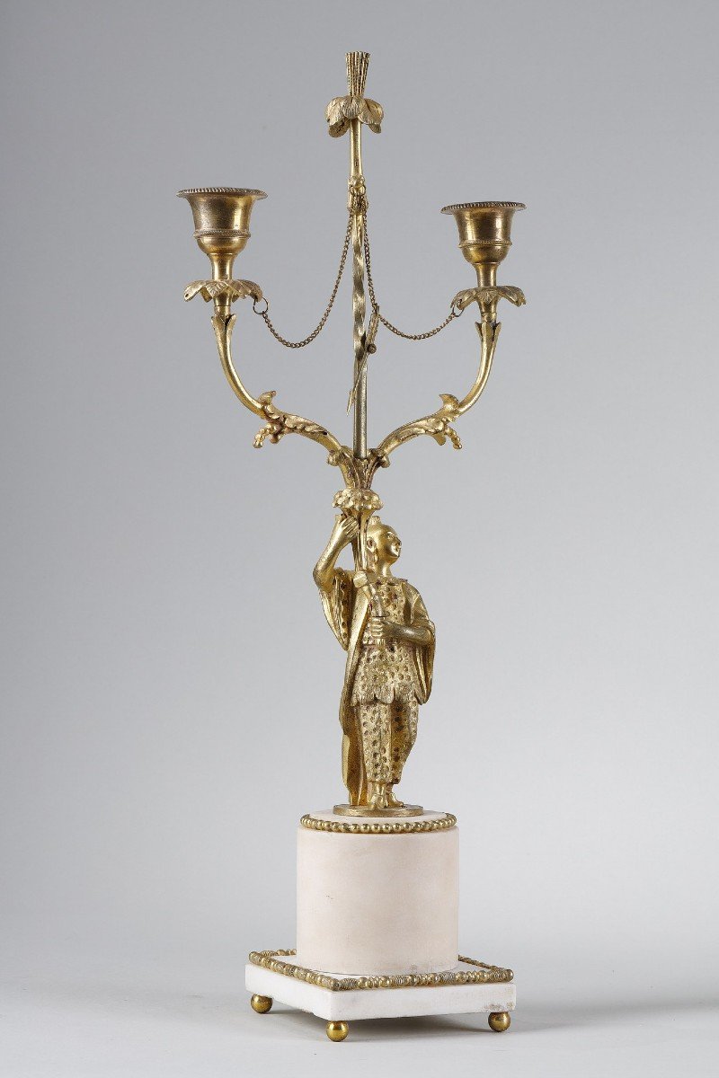 Paire De Bougeoirs D’époque Louis XVI En Bronze Doré-photo-3