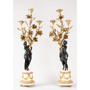 Pair Of Candelabra In Carrara Marble And Patinated And Gilded Bronze