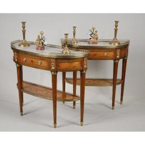 Pair Of Half-moon Consoles In Lemon Wood Stamped Garnier