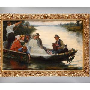 Mariage Champêtre Sur l'étang,  Grande Huile Sur Toile De Henry Léon Jacquet