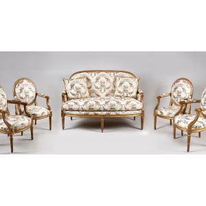 Salon d'époque Louis XVI en bois doré, attribué à Jean-Baptiste Sené