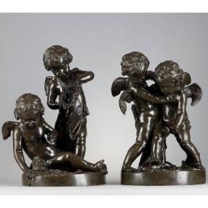 Paire de groupe de Putti en bronze fin XVIIIe