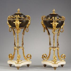 Pair Of Pot-pourri Vases In Patinated Bronze, Gilt Bronze, And White Marble Louis XVI Period