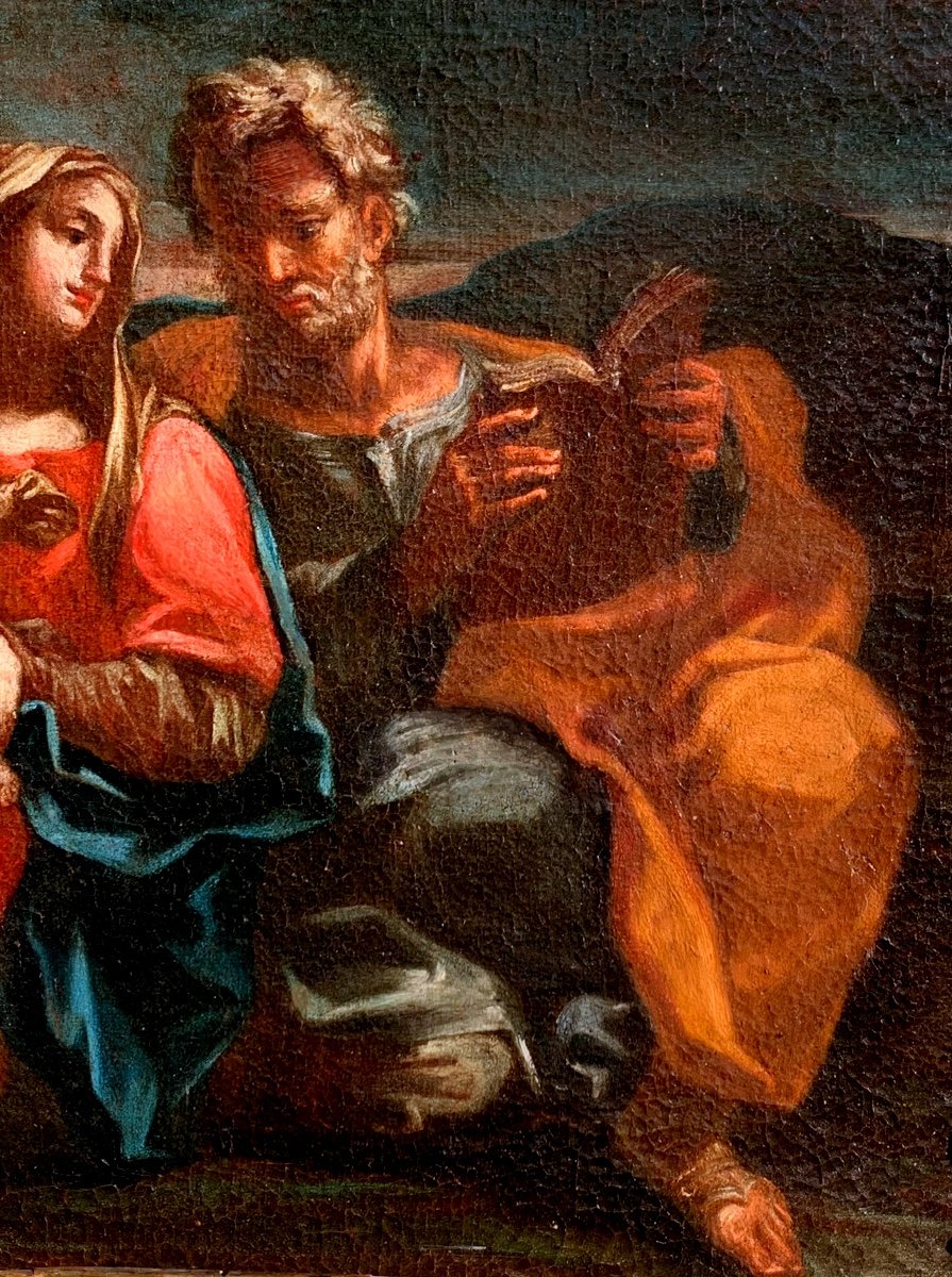 Repos De La Fuite En Égypte.Huile Toile 47x34. Fin XVII Siecle. Cadre Bolognaise De L’époque.-photo-2