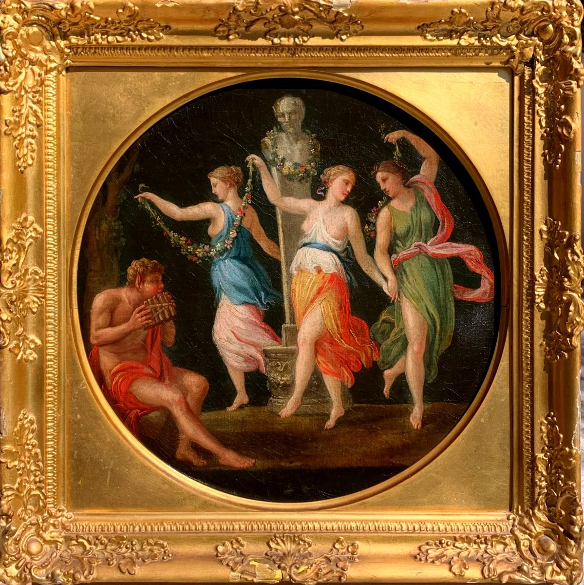 Faun And Three Dancing Nymphs. Oil Canvas 41x41, Round 37. Early 19th.-photo-5