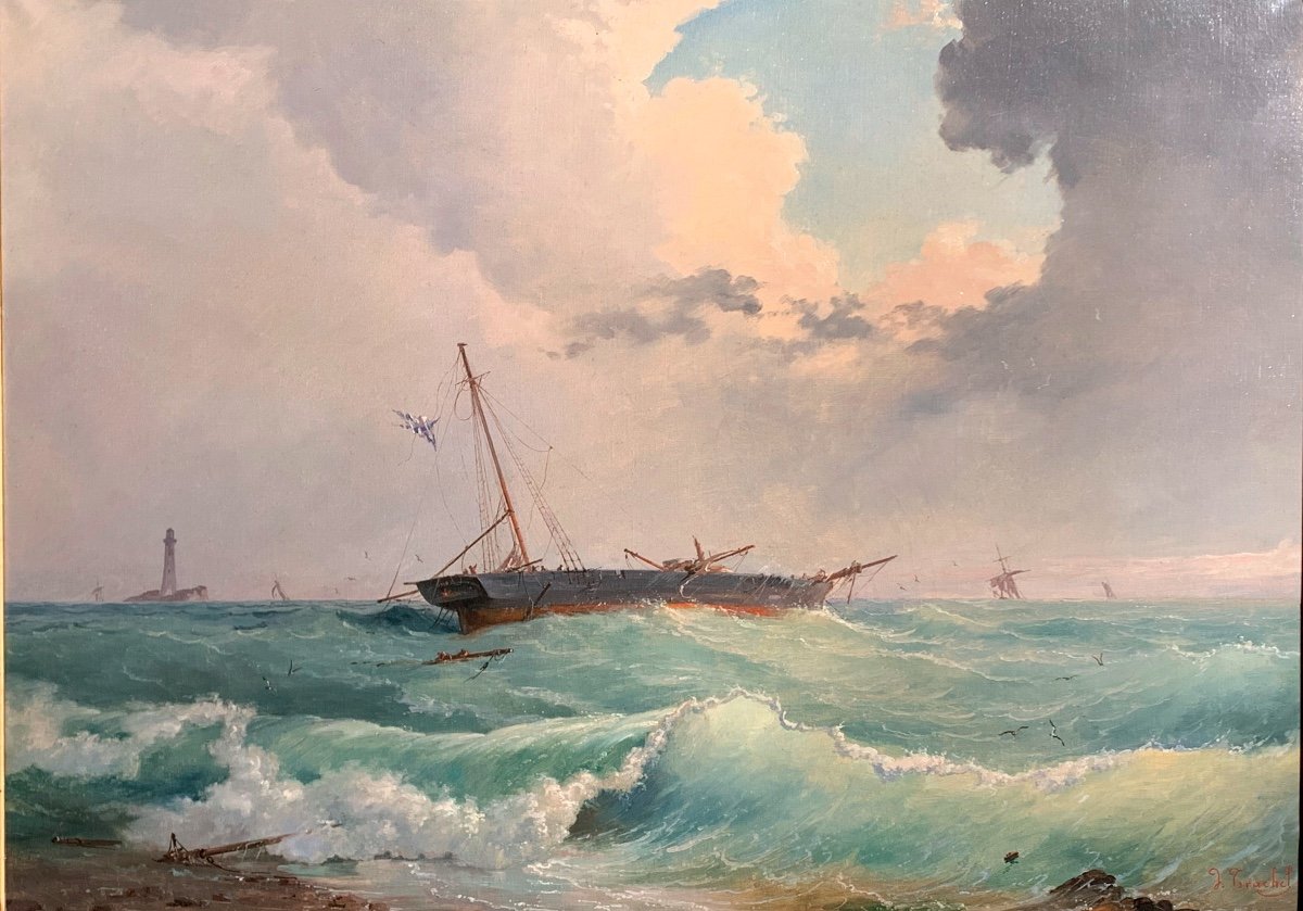 Bateaux Dans Un Mer Agité. Huile Sur Toile 92x68. Dominique Trachel(1830-1897)-photo-2