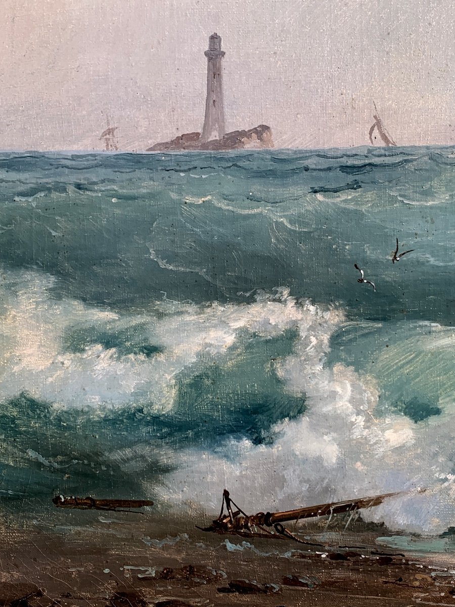 Bateaux Dans Un Mer Agité. Huile Sur Toile 92x68. Dominique Trachel(1830-1897)-photo-3