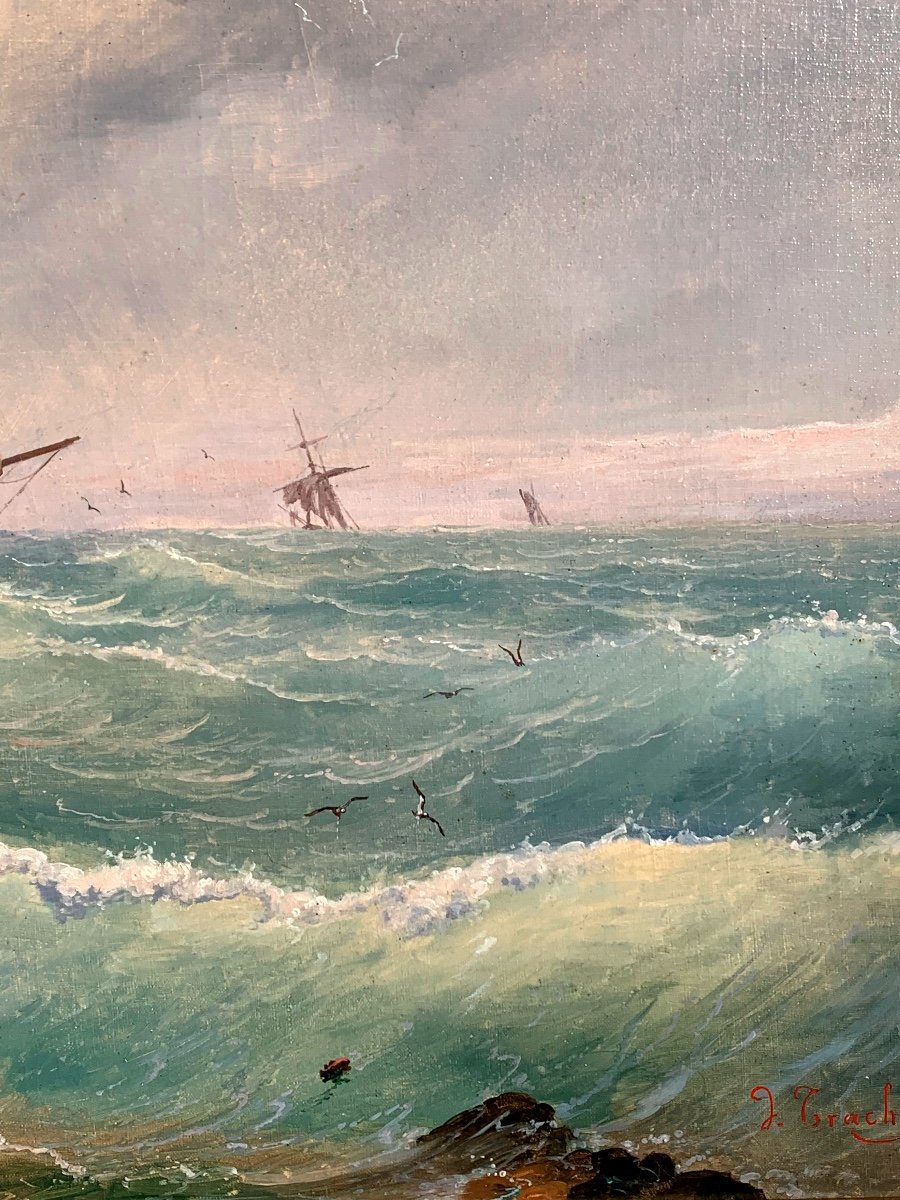 Bateaux Dans Un Mer Agité. Huile Sur Toile 92x68. Dominique Trachel(1830-1897)-photo-4