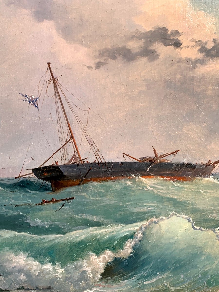 Bateaux Dans Un Mer Agité. Huile Sur Toile 92x68. Dominique Trachel(1830-1897)-photo-1