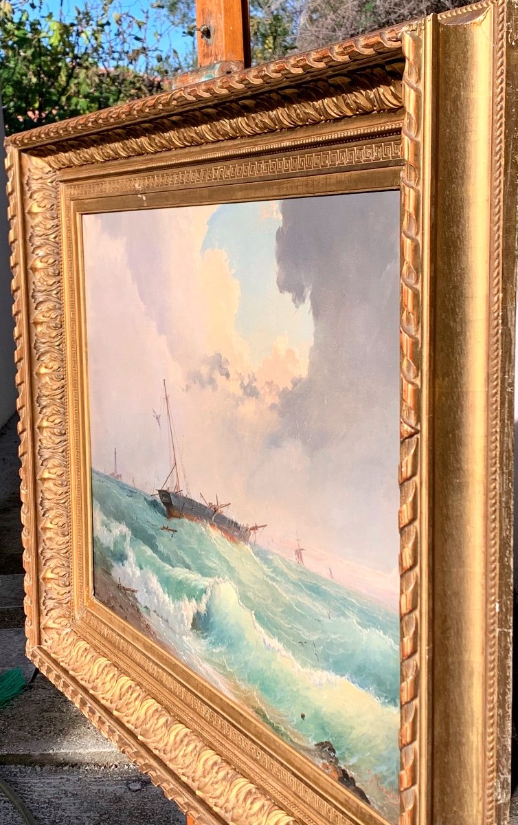Bateaux Dans Un Mer Agité. Huile Sur Toile 92x68. Dominique Trachel(1830-1897)-photo-4