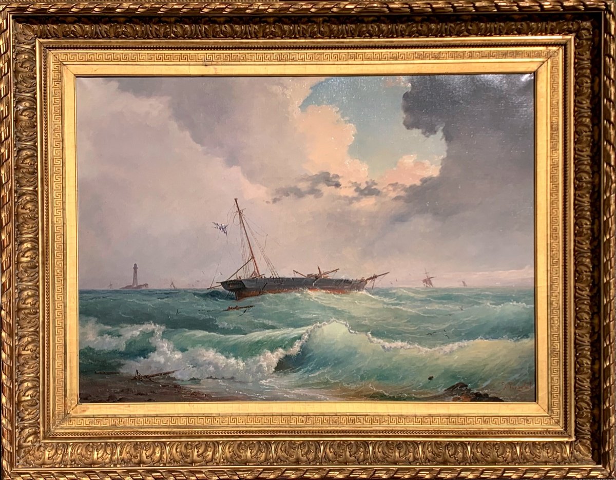 Bateaux Dans Un Mer Agité. Huile Sur Toile 92x68. Dominique Trachel(1830-1897)