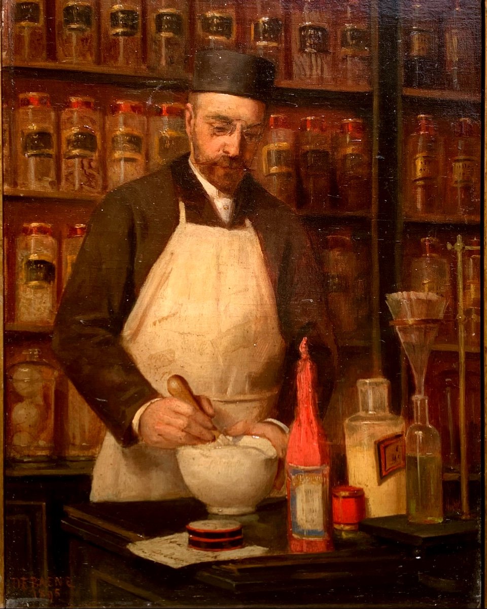 Le Pharmacien. Hst.35x27. Alphonse Jules Debaene Daté 1895.